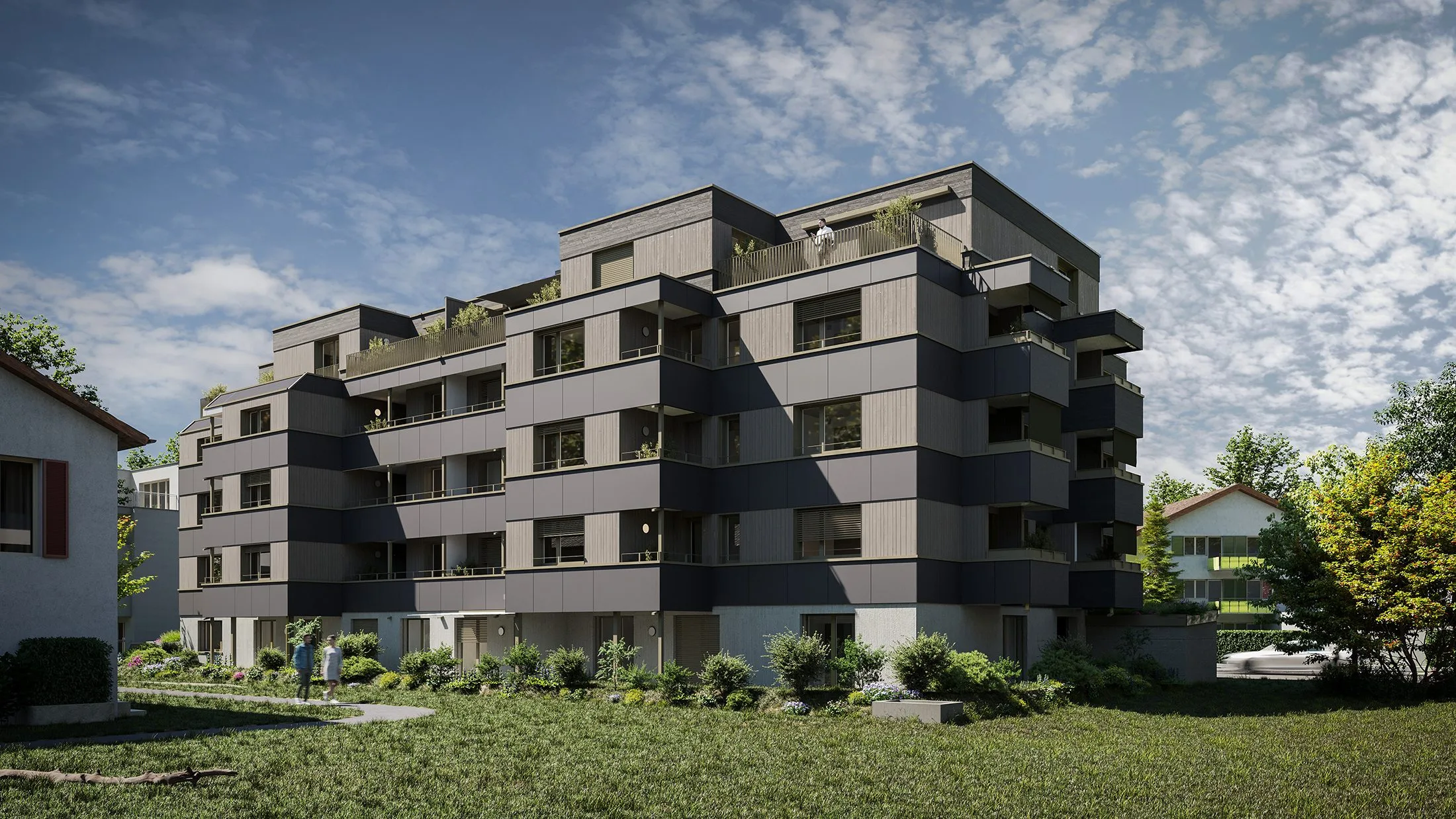 Visualisation extérieure Suisse &ndash; rendu 3D extérieur photoréaliste d’un projet de construction avec intégration urbaine