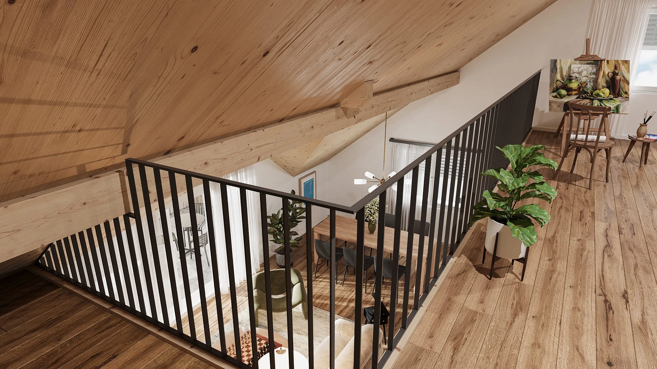 Innenvisualisierung Bauprojekt &ndash; Wohn-Ess-Bereich mit Designmöblierung