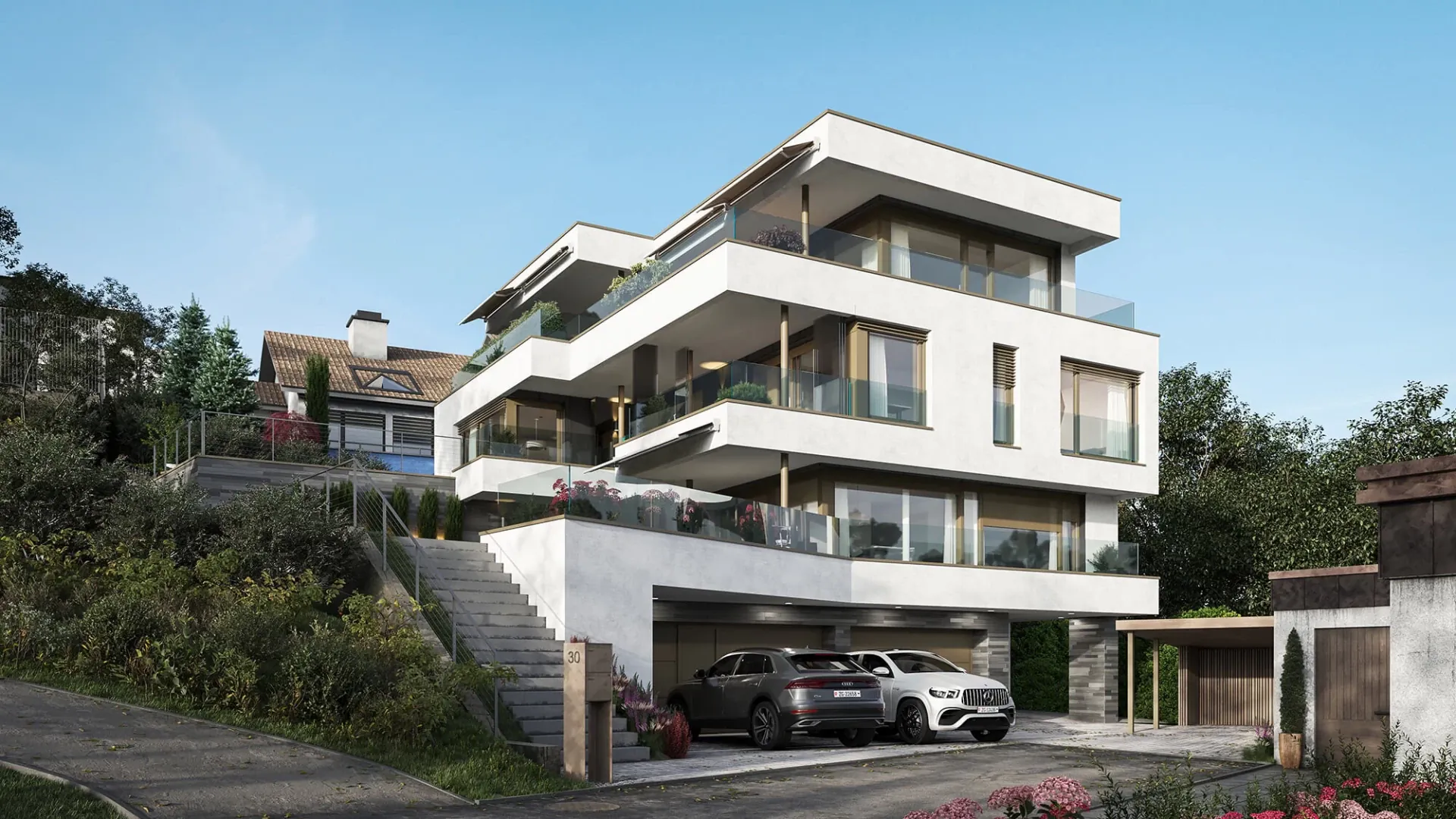 Visualisation 3D immobilière &ndash; vue extérieure intégrée au quartier pour le portail