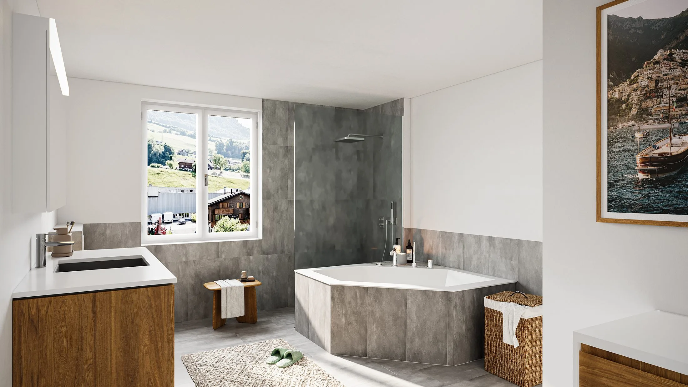 Visualisation 3D intérieure pour la commercialisation immobilière &ndash; séjour ouvert avec mobilier design