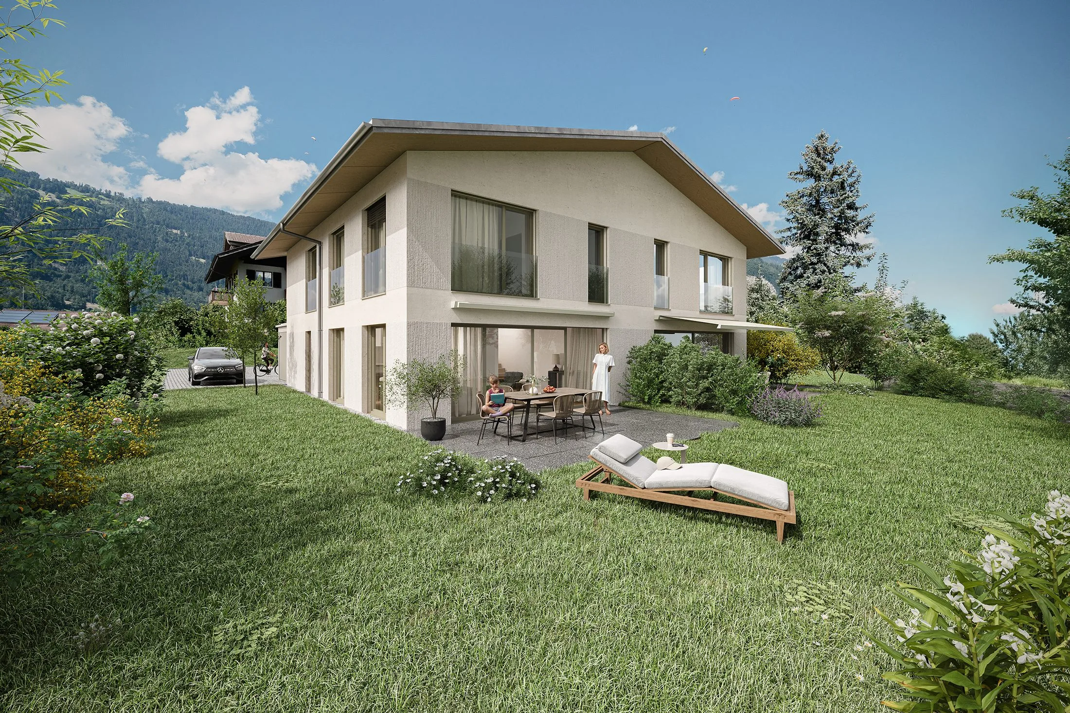 Visualisation extérieure photoréaliste &ndash; enveloppe de bâtiment avec végétation et lumière naturelle