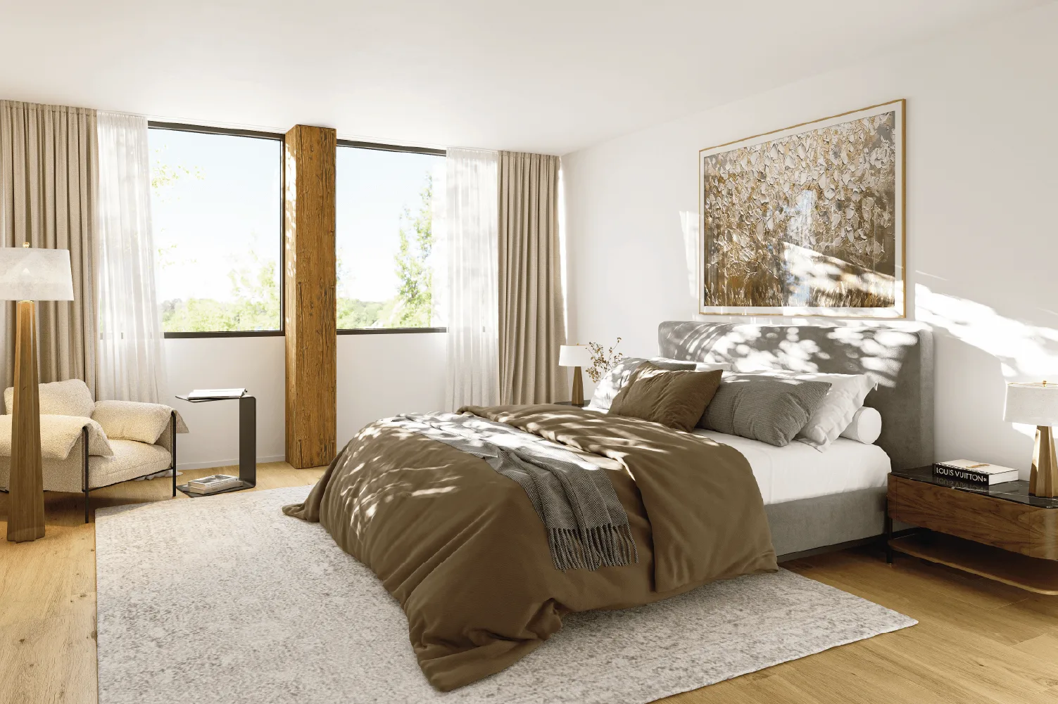 Premium-Innenvisualisierung &ndash; Materialstudie eines Schweizer Wohnraums