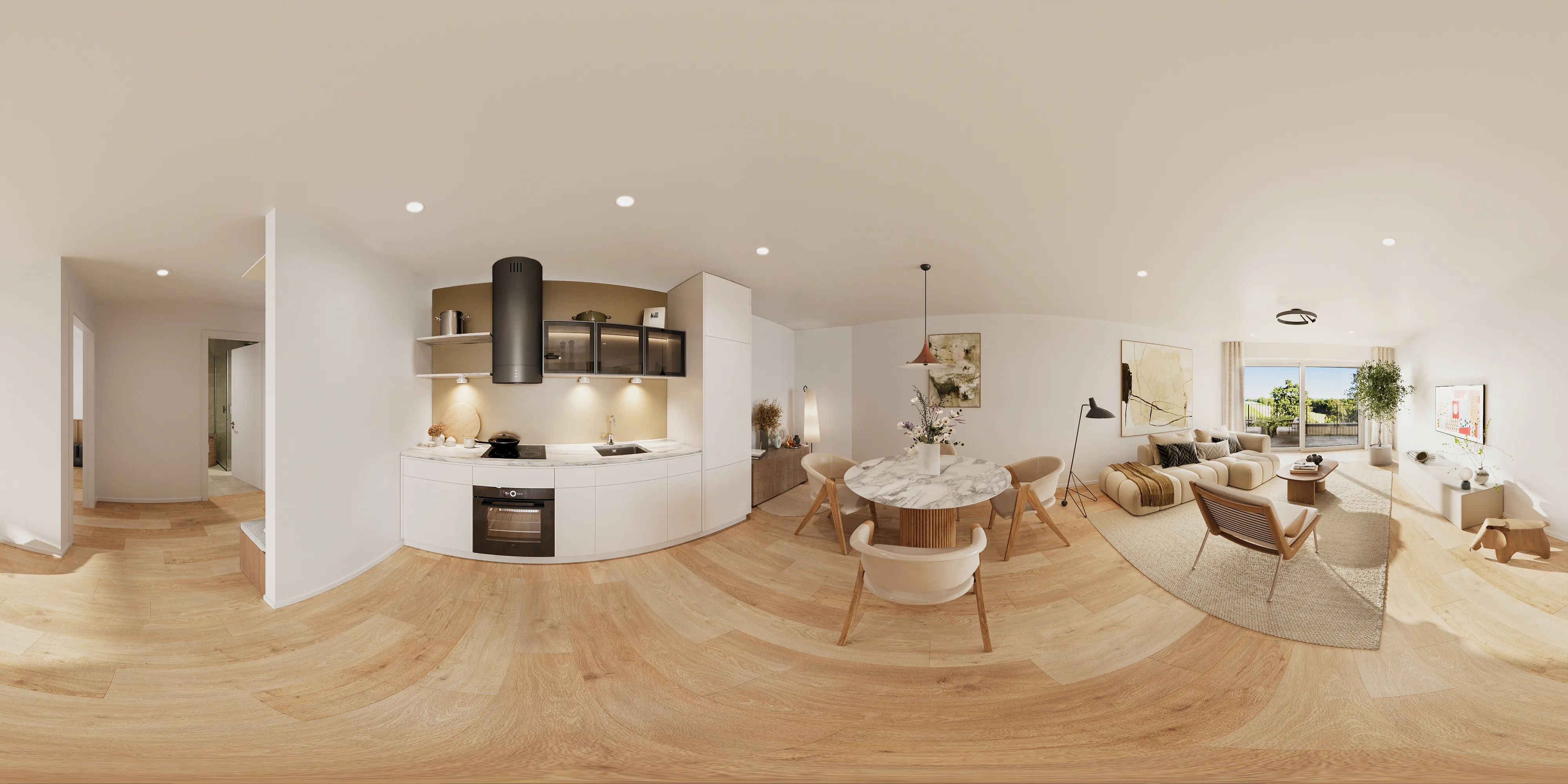 Les Terrasses de Prêles &ndash; Innen-Panorama Wohnung 23, Wohn- und Essbereich am Morgen