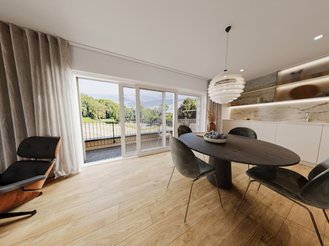 Virtual 360° tour &ndash; living-area panorama of a terrace apartment in Prêles